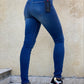 Le paris, jeans bleu avec trou au genou pour femmes, coupe skinny 